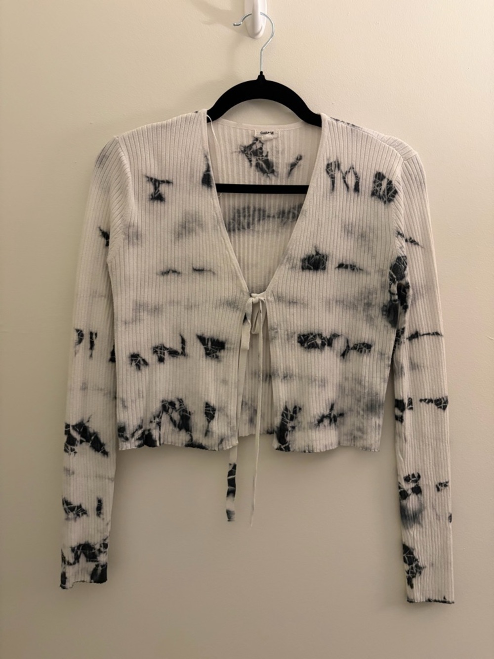 Garage White Black Tie-Dye Ribbed Tie-Front Cardigan